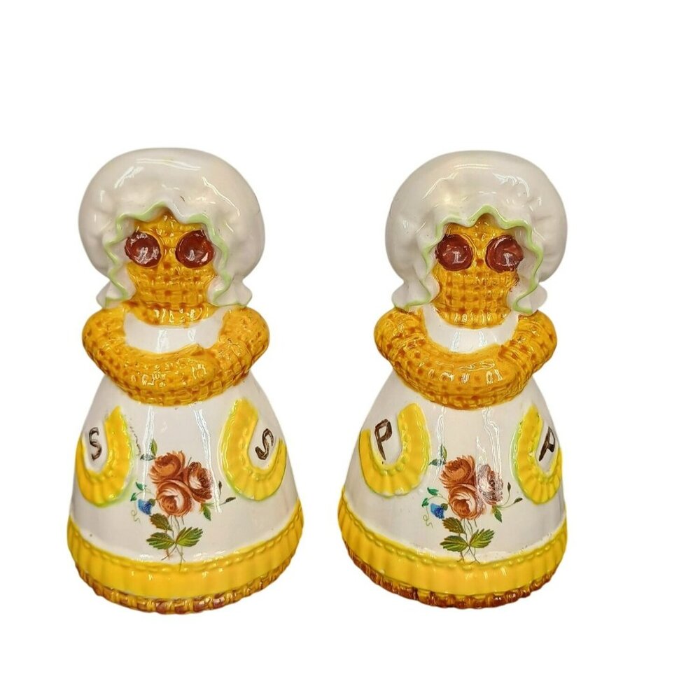 Vintage Ceramic Salt & Pepper Shakers Yellow Bonnets Hand-Painted Floral Design‎